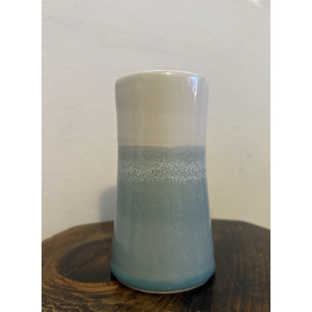 Ceramic Vase Blue & White Glaze. Vintage Look. Initials On Bottom,  5.5" tall